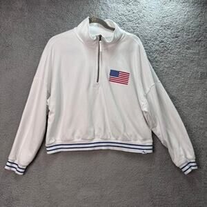 Joy Lab Women's 2XL White Pullover Sweatshirt American Flag Blue 1/4 Zip Boxy